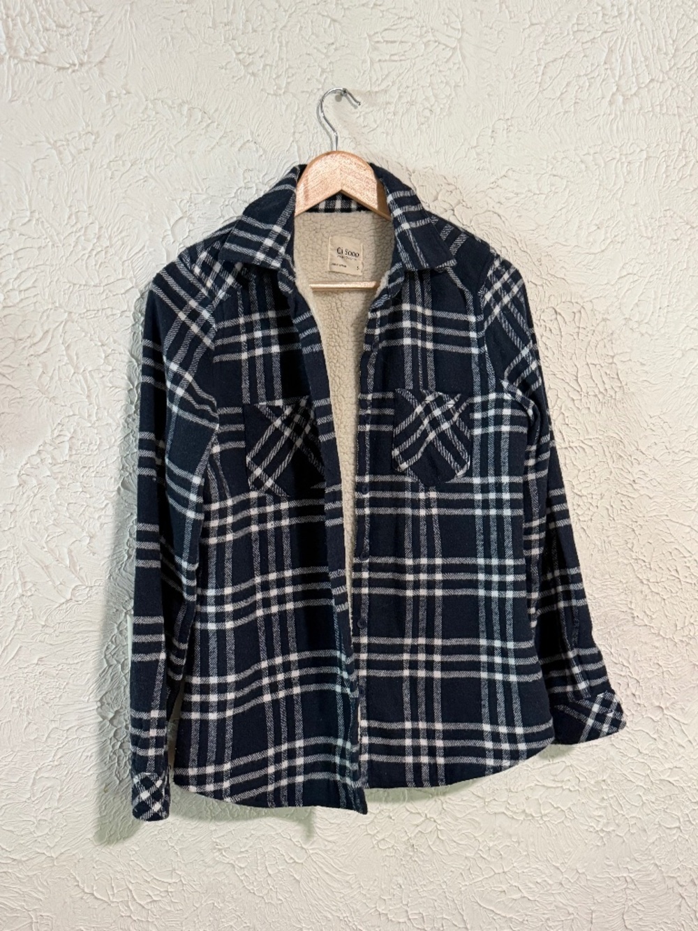 Ci Sono Plaid Sherpa Lined Flannel Shacket Jacket Women’s Small Navy